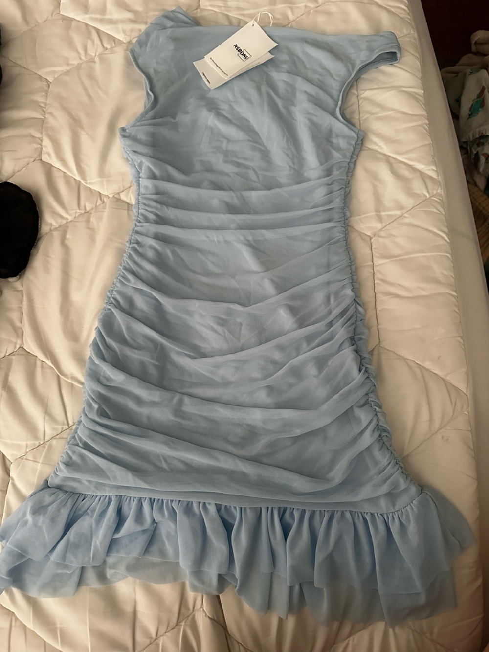 Light Blue Sheer Ruffled Off-Shoulder Top